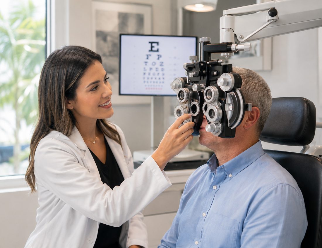 Optometrist performing a comprehensive eye exam with a phoropter