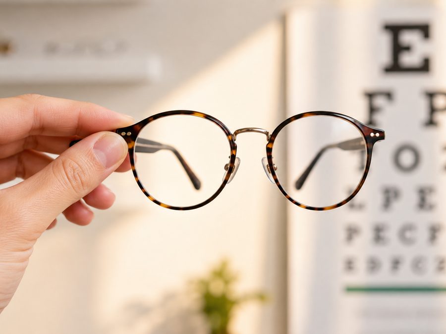 Optician holding a pair of round eyeglasses
