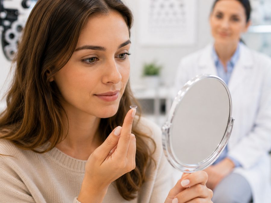 Woman choosing frames with a mirror and optician