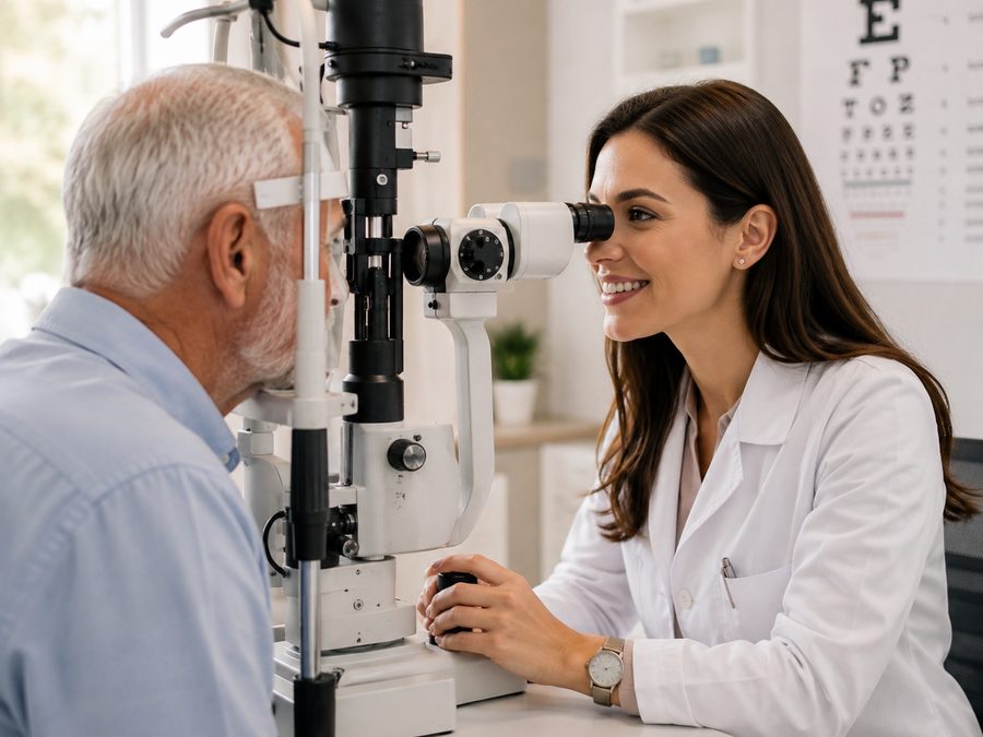 Older man receiving a slit lamp eye examination