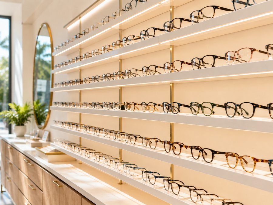 Wall display of designer eyeglass frames
